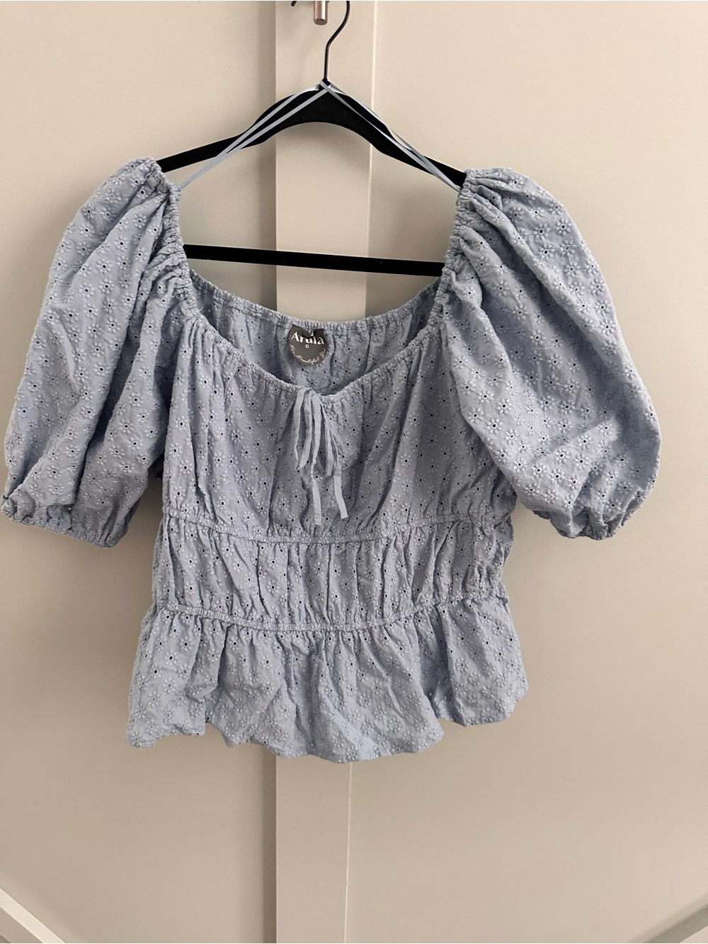 Arula Blue Eyelet Puff Sleeve Peplum Top Size B 100% Cotton